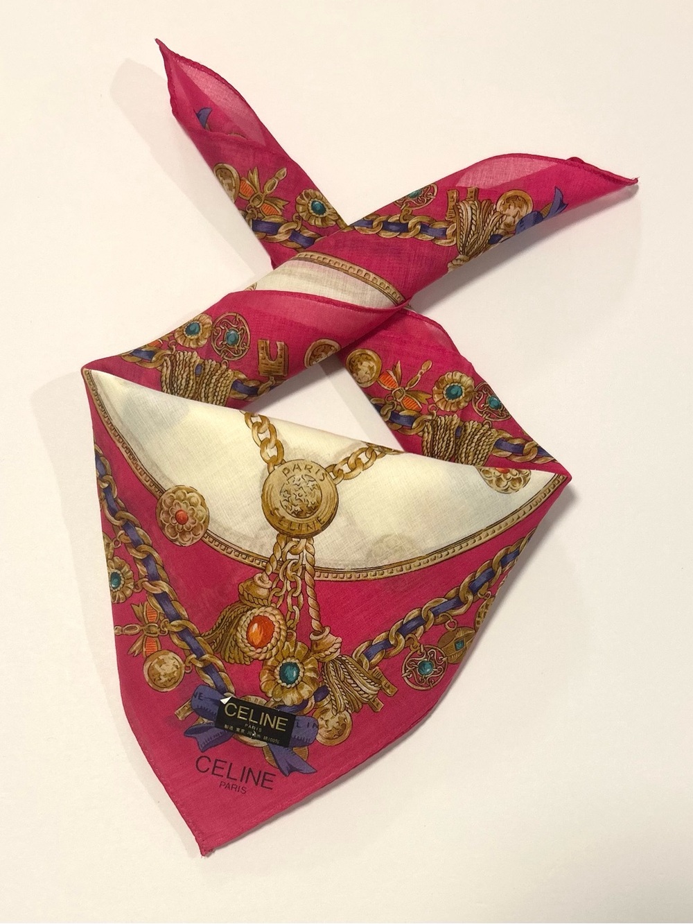 NWT WOMEN HANDKERCHIEF CELINE Gold Chain Pink COTTON POCKET SQUARE 18